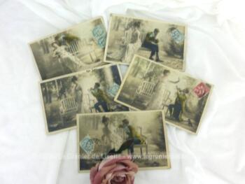 Datant du début des années 1900, voici six anciennes cartes postales d'un même couple sous forme de scènette portant le titre 