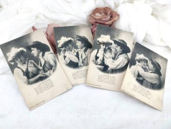 Datées de 1904,  voici une série de 4 cartes postales anciennes "Amoureux de Village"  numéroté de 1 à 4 avec 5 rimes sous chaque photos, timbrées et oblitérées avec texte manuscrit au dos.