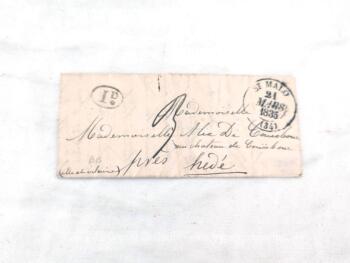 Ancienne petite lettre pli du 21 mars 1835 expédiée de St Malo par une demoiselle et adressée à une autre demoiselle au Château de Couesbouc à coté de Hédé, courrier bien original avec une promesse de n’être montré à personne.
