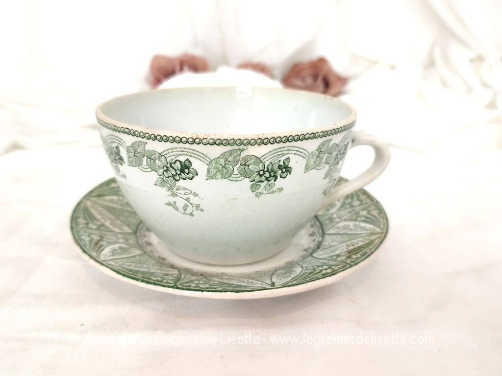 Ancienne grande tasse et soucoupe Terre de fer décors verts – Le Grenier de  Lisette