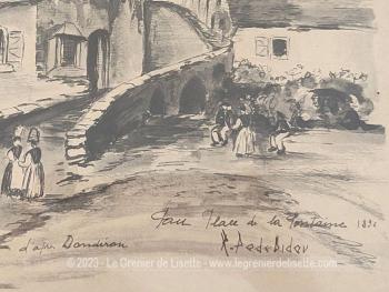 Datant de 1980, voici un dessin représentant la "Place de la Fontaine de Pau" en 1892,  une belle copie d'après Dandiran, signée " R. Padebidou (?)", préservé dans un simple cadre en bois de 34 x 2.5 x 1 cm. 