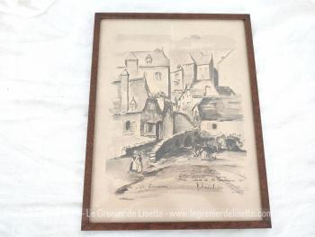 Datant de 1980, voici un dessin représentant la "Place de la Fontaine de Pau" en 1892,  une belle copie d'après Dandiran, signée " R. Padebidou (?)", préservé dans un simple cadre en bois de 34 x 2.5 x 1 cm. 