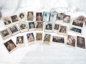 Lot de 27 anciennes images pieuses années 30, données lors des communions avec des dessins de scène avec la Vierge Marie, Jésus ou pour certaines lors de décès ou justes des petites prières religieuses .
