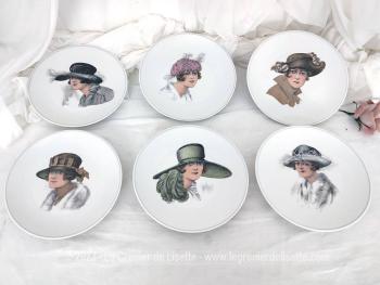 Voici un lot de 6 superbes petites assiettes porcelaine de portraits de femmes chapeautées façon années 20/30 siècle et estampillées Porcelaine Chauvigny F.D.