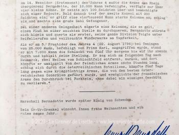 Voici un cadre sur la biographie de Bernadotte, Maréchal de l'Empire devenu Roi de Suède, avec au dos du cadre, le meme texte en allemand, tapé sur une ancienne machine à écrire et signé de son arriere-arriere-arriere petit fils .