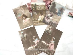 Cinq anciennes cartes postales fillettes et soldats 1914