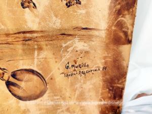Ancien tableau Gaucho cuir collé sur bois signé Argentine 1980