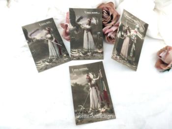 Ni datées, manuscrites et oblitérées, voici un lot de 4 anciennes cartes postales représentant des femmes patriotes terrassant l'Aigle noir, correspondant à la période de la guerre 14-18.