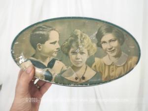 Ancienne grande boite ovale métal portrait enfants vintage