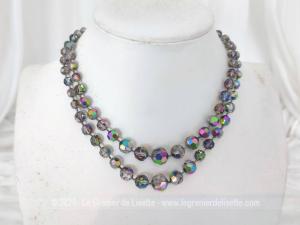 Superbe collier ras de cou double rangs perles de verre irisées