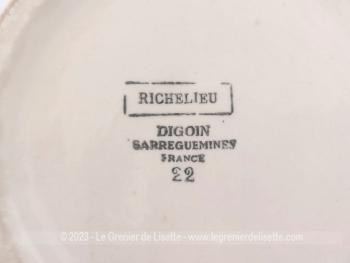 Datant des années 50, voici un ancien saladier creux en faïence Digoin-Sarreguemines modèle Richelieu, avec une bordure en vagues colorée d'un bleu pastel avec deux dessins de roses fuchsia et rose aux feuillage gris.