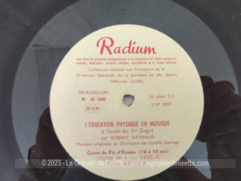 Datant des années 60, voici un trio de disques 33T de la marque Radium pour l' Education Physique en Musique à l'Ecole du 1er degré, par Robert Raynaud.