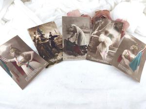 Cinq anciennes cartes postales scènes Drapeau 1914-1918