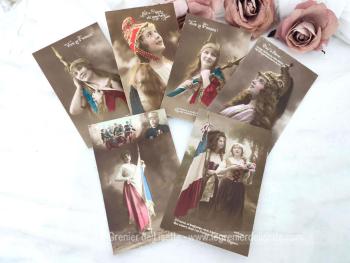 Ni datées ni manuscrites ni oblitérées, voici un lot de 6 anciennes cartes postales représentant des femmes patriotes avec un message correspondant à la période de la guerre 14-18.