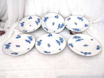 Datant des années 50/60, voici un lot composé de 3 assiettes plates et 3 creuses aux fleurs bleues tendance Art Déco, estampillées F. Legrand et Cie - Limoges France.
