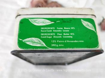 Voici une ancienne boite en métal  sérigraphiée de 21.5 x 11.5 x 7 cm pour les biscuits Pains d'Amandes de Malo les Bains  (59) - Preneel - Garantis au Beurre Naturel !