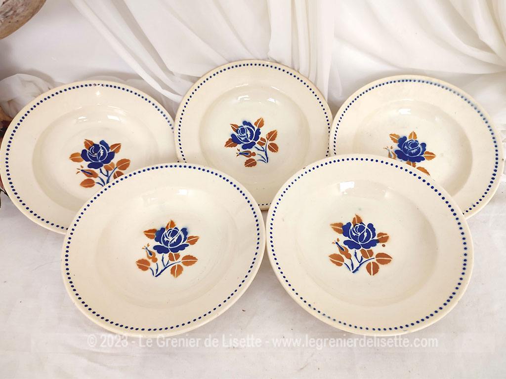 Issues des faïenceries Badonviller,et datant des années 50, voici un lot de 5 assiettes creuses en demi-porcelaine décorées au centre d'une belle rose bleue aux feuilles ocres et d'un liseré à pois bleus sur la bordure. Superbes et tendance shabby,