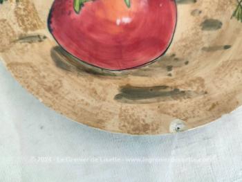 Très tendance shabby,  voici un duo d'assiettes à dessert Duo décorées de légumes, tomates pour l'une et radis pour l'autre,  peints main. Petits éclats sur les bordures mais tellement original !