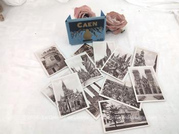 Voici un ancien mini album avec 10 petites photos en noir et blanc de la ville de Caen des années 50/60. Des vues incroyables et majestueuses des monuments de la belle ville de Caen.