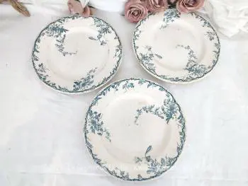 Voici un lot de 3 assiettes plates centenaires des faïenceries K.G. Luneville avec le modèle "Passiflore" de 24 cm aux décors bleus  représentant des fleurs et des branches de passiflore.
