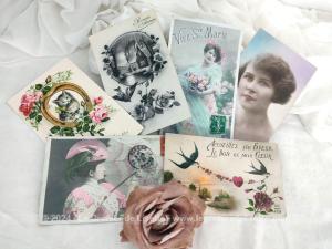 Voici un lot de 5 cartes postales vintages sépia ou colorisées représentant des portraits,images avec messages et datées de 1907,1908, 1926, 1927, 1928 et 1942 avec au dos messages remplis de nostalgie.