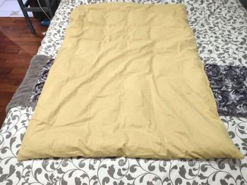 Sur 138 x 100 cm, voici un beau petit édredon vintage en plumes et duvet habillé d'un tissus en coton couleur moutarde pour petit lit ou pied de lit. Vintage et chaud, que demander de plus !