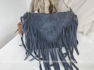 Sac cuir daim bleu jean avec franges et anse chaine tendance seventeen