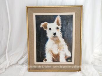 Que d'originalité dans ce tableau représentant un émouvant portrait signé d'un chien, un adorable fox terrier, réalisé en peinture à l'huile avec son encadrement. Pièce unique.