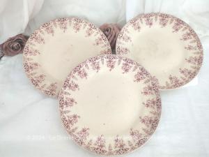 Trio assiettes plates S.F.G.B.N.G.R. modèle Primevère rose XIX°