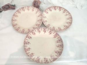 Trio assiettes plates S.F.G.B.N.G.R. modèle Primevère rose XIX°