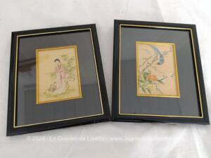 Duo cadres originaux dessins asiatiques soie signés
