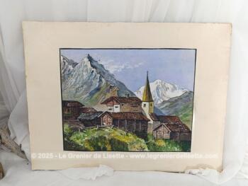 Voici sur une gouache signée peinte datant de 1944 sur un papier de 30 x 23 cm représentant un village montagnard avec en fond des coteaux enneigés.