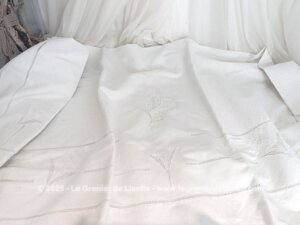 Ancien grand drap broderies ajourées, jours et monogrammes