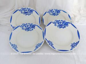 Lot 4 assiettes creuses fleurs bleues et décors à pans