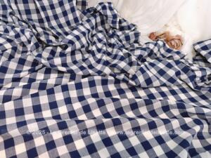 Paire de très longs rideaux « Bonne Femme » vichy bleu marine