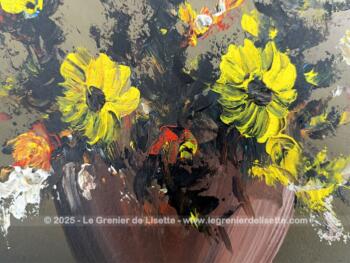 Original tableau signé peinture huile sur bois Bouquet Fleurs – Image 2
