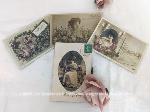 Voici 4 cartes postales anciennes de portraits de femmes sur papier glacé et colorisés posant dans des attitudes romantiques et languissantes, datant de 1907 à 1911.