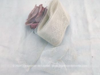Sur 450 x 6 cm, voici un beau coupon d'ancienne dentelle en tulle couleur écru décoré de dessins asymétriques avec différentes mini incrustations de différentes mailles de tulle. Avec 4.5 métrés, vous pouvez laisser libre court à votre imagination !