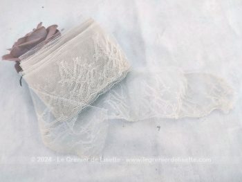 Sur 450 x 6 cm, voici un beau coupon d'ancienne dentelle en tulle couleur écru décoré de dessins asymétriques avec différentes mini incrustations de différentes mailles de tulle. Avec 4.5 métrés, vous pouvez laisser libre court à votre imagination !