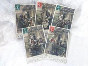 Série 5 cartes postales de 1908 série Souvenir d’Aïeule au Rouet