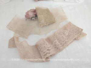 Voici trois coupons de larges et belles dentelles, dont deux modèles identiques, de couleur champagne, en tulle brodé.