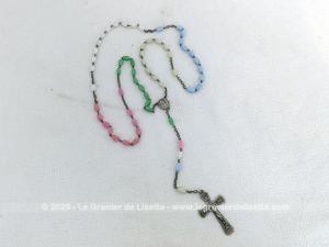Superbe chapelet vintage métal argenté perles ovales 5 couleurs