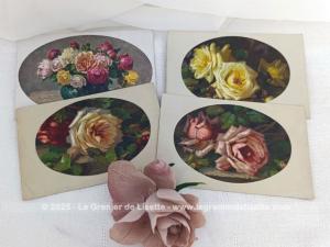 Voici un lot de quatre cartes postales anciennes avec sur chacune un dessin de fleurs mis en valeur par un écusson coloré sur un fond blanc cassé.  Datant du début du siècle dernier, elles seront faciles à mettre en valeur.
