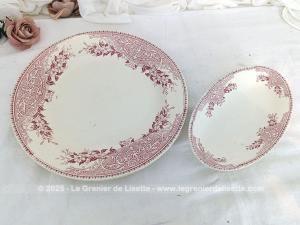 Voici deux anciennes pièces de vaisselle avec un grand plat et son ravier assorti en porcelaine Boch Frère Kéramis avec le modèle Alice en rose avec en décor sur tout le pourtour une large guirlande de fleurs entremêlées de volutes et arabesques. Des pièces surement centenaires !