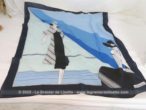 Foulard vintage polyester motif femme Art Déco bleu Léonardi Paris