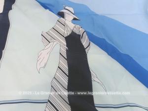 Foulard vintage polyester motif femme Art Déco bleu Léonardi Paris