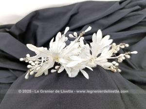 Diadème de mariée vintage feuilles tissus, fleurs cire et perles