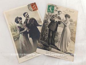 Lot 2 cartes postales anciennes Couple 1er Avril