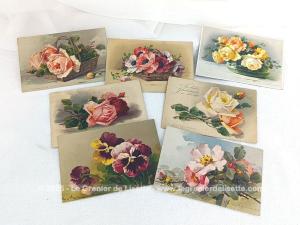 Sept cartes postales anciennes dessins signés fleurs