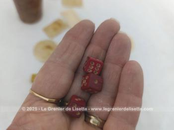 Voici un ensemble composé de jeton en os, de 2 jeux de mini dés, et un cornet à jouet en bois et en plus un jeu de cartes en cadeau.
